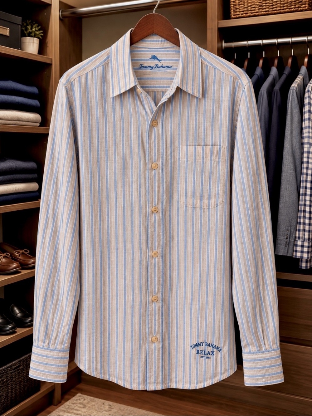 Tommy Bahama RELAX Men’s Blue & Cream Stripe Button-Down Linen Shirt XXL